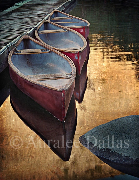 Two Canoes Color Photograph Golden Water Reflections