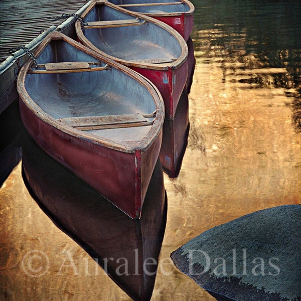 Two Canoes Color Photograph Golden Water Reflections