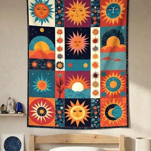 Boho Patchwork Blanket, Ethnic Sun Moon Tapestry, Cosmic Retro Throw, Folkloric Maximalist Wall Art