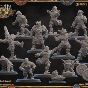 May include: A collection of gray miniature figurines of medieval knights in various action poses. The figurines are on circular bases and include shields, helmets, and armor. The text "Chess Knights" and "January release 2026" are visible.