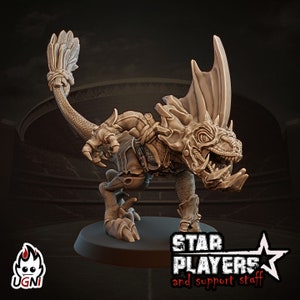 May include: A detailed miniature of a small, winged, reptilian creature with a spiky crest and a long tail. The miniature is painted in a light brown color and is posed in a running stance. The miniature is on a black base with the text "STAR PLAYERS and support staff" printed on it.