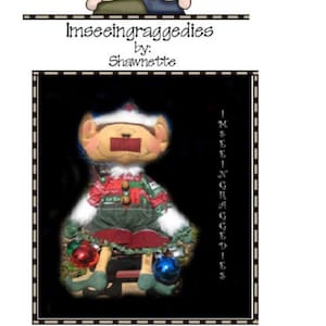 May include: A Christmas elf doll wearing a red and green sweater and a Santa hat. The elf is sitting on a wooden stool with a garland of Christmas lights around it. The doll is 14 inches tall.
