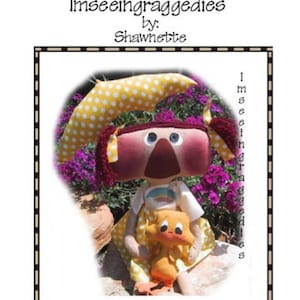 May include: Raggedy & Quackers the duck, a handmade doll pattern by Imseeingraggedies by Shawnette. The doll is wearing a yellow polka dot dress and a yellow polka dot hat. The doll is holding a yellow duck doll.