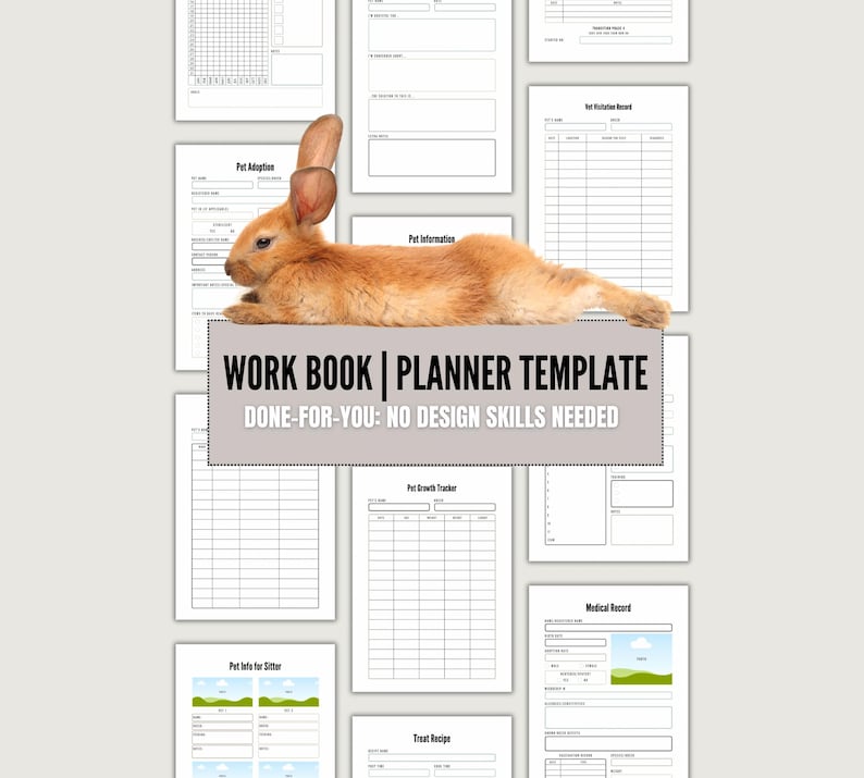 May include: Printable pet planner template with sections for pet information, adoption, medical records, growth tracker, sitter info, and treat recipes. The template is designed to be easy to use and customize.
