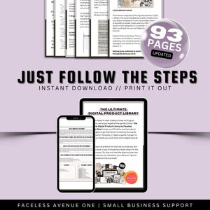May include: A pink and white digital product library with the title "The Ultimate Digital Product Library" and the text "Just Follow The Steps" in a large font. The image also includes a phone and tablet displaying the same product library.