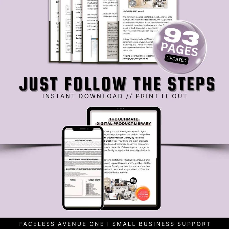 May include: A pink and white digital product library with the title "The Ultimate Digital Product Library" and the text "Just Follow The Steps" in a large font. The image also includes a phone and tablet displaying the same product library.