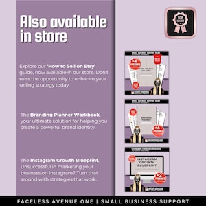 May include: Three digital product covers for Etsy sellers. The covers feature a woman with a black and white face and a red lip. The covers are titled "How to Sell on Etsy", "Branding Planner", and "Instagram Growth Blueprint".