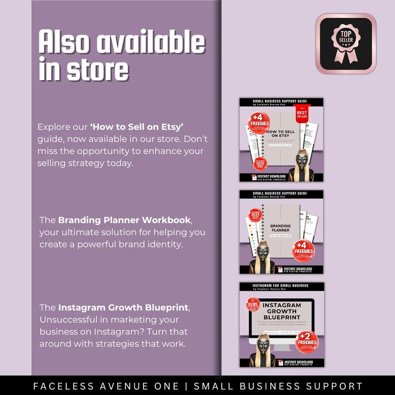 May include: Three digital product covers for Etsy sellers. The covers feature a woman with a black and white face and a red lip. The covers are titled "How to Sell on Etsy", "Branding Planner", and "Instagram Growth Blueprint".