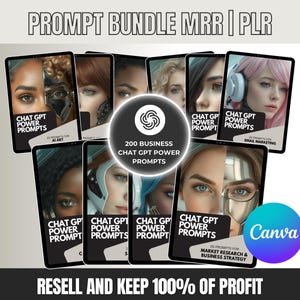 May include: A collage of images showcasing various applications of Chat GPT power prompts. The images depict individuals utilising Chat GPT for AI art, email marketing, market research, and business strategy. The text "200 Business Chat GPT Power Prompts" is prominently displayed in the centre of the collage.