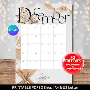 Digital Calendar, December 2024, Minimal Calendar, Christmas Calendar, Monthly Calendar, Minimalist Calendar, 2024 Calendar