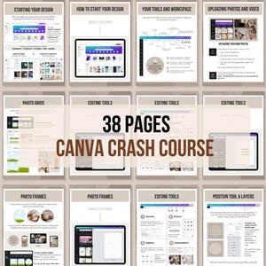 以下が含まれることがあります： Canva Crash Courseの38ページのガイド。Canvaインターフェースのスクリーンショットと、プログラムの使い方に関する説明が掲載されています。このガイドでは、テンプレートの読み込み、デザインの開始、編集ツール、写真グリッド、写真フレーム、位置決めツール、レイヤーなどについて説明しています。