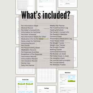 May include: A printable set of pet care and organization forms. The forms include a pet information sheet, medical record, pet sitter schedule, medication log, weight tracker, and more. The forms are designed to help pet owners keep track of their pet's health and care.