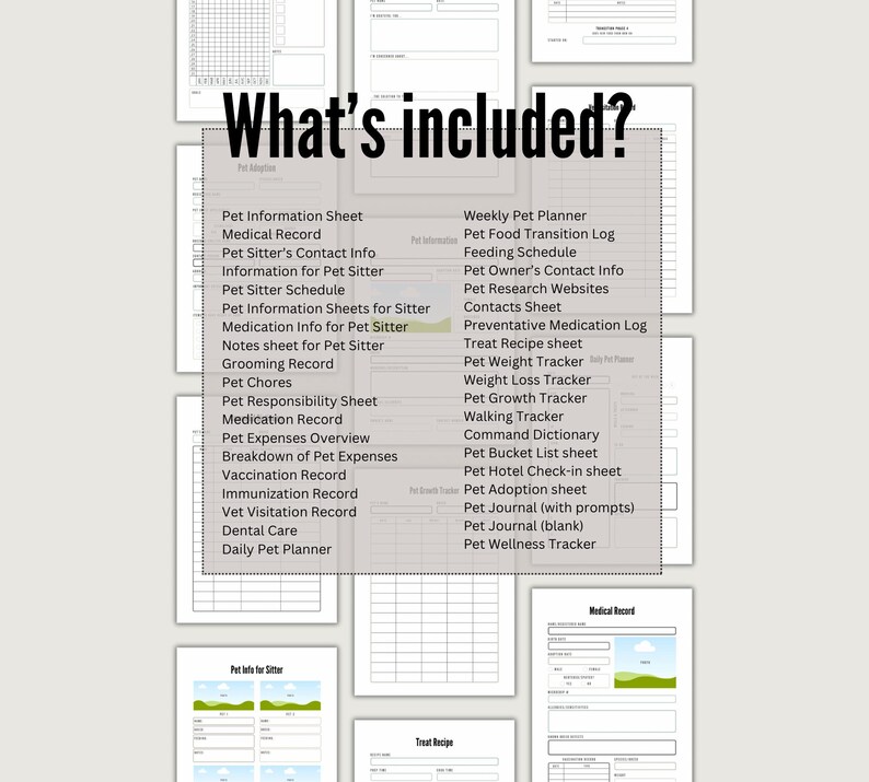 May include: A printable set of pet care and organization forms. The forms include a pet information sheet, medical record, pet sitter schedule, medication log, weight tracker, and more. The forms are designed to help pet owners keep track of their pet's health and care.