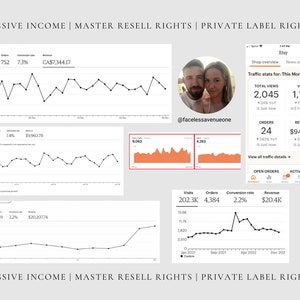 May include: A screenshot of an Etsy shop's analytics dashboard showing traffic, orders, and revenue for the month. The dashboard shows a graph of visits, orders, and revenue over time. The dashboard also shows the total number of views, visits, orders, and revenue for the month. The shop's name is "@facelessavenueone".