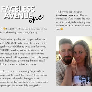 May include: A couple smiles for a selfie on a beach. The text "FACELESS AVENUE one" is in the upper left corner of the image. The text "Head over to our Instagram @facelessavenueone to follow our journey and if you want to dip your toes into the digital marketing space reach out to us and we would love to chat" is in the upper right corner of the image.