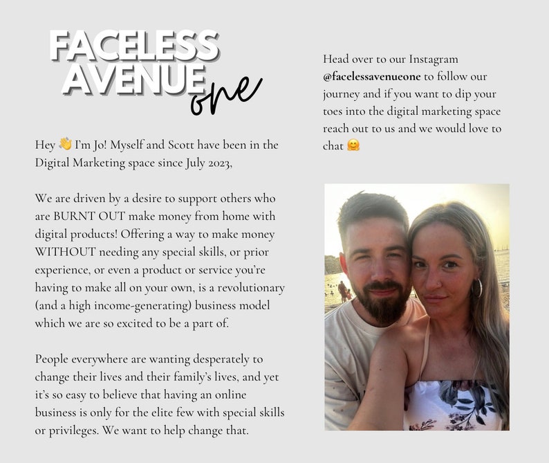 May include: A couple smiles for a selfie on a beach. The text "FACELESS AVENUE one" is in the upper left corner of the image. The text "Head over to our Instagram @facelessavenueone to follow our journey and if you want to dip your toes into the digital marketing space reach out to us and we would love to chat" is in the upper right corner of the image.