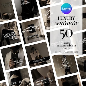 May include: A collection of 50 Instagram post templates with a luxury aesthetic, easily customizable in Canva. The image features various lifestyle and business-related quotes in a monochromatic color scheme.