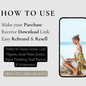 May include: A woman sits on a rock by the ocean, working on a laptop. The text on the screen reads "HOW TO USE". The text below the image reads "Make your Purchase, Receive Download Link, Easy Rebrand & Resell. Perfect for Passive Income, Lead Magnets, Social Media Content, Digital Marketing, Small Business & Entrepreneurs. PRIVATE LABEL RIGHTS."
