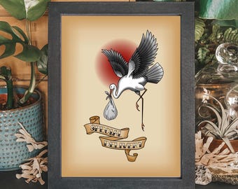 コウノトリに乗った赤ちゃんの水彩画アートプリント：ヴィンテージ妊娠