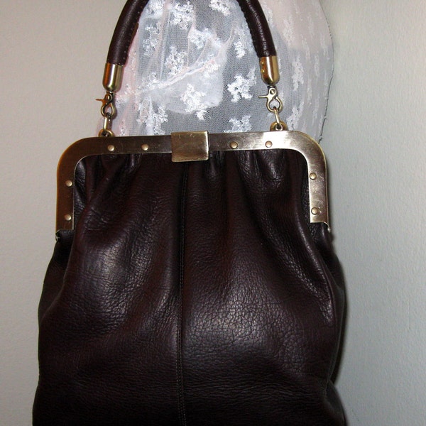 large frame bag tote shoulder bag eggplant gen leather upcycled