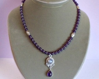 Amethyst & Rainbow Moonstone Gemstone and Sterling Silver Necklace