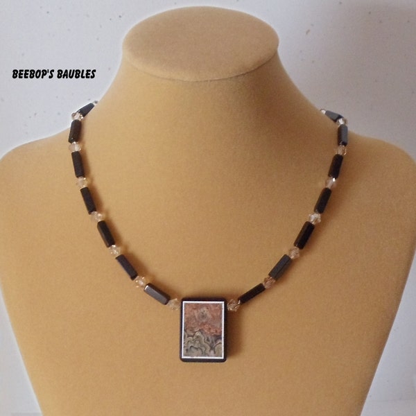 Flowering Tube Onyx Intarsia Pendant, Onyx & Swarovski Crystal Necklace