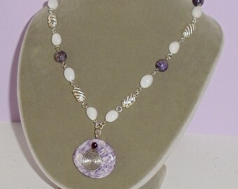 Charoite and White Agate Pebble Necklace with Mystery Stone Pendant