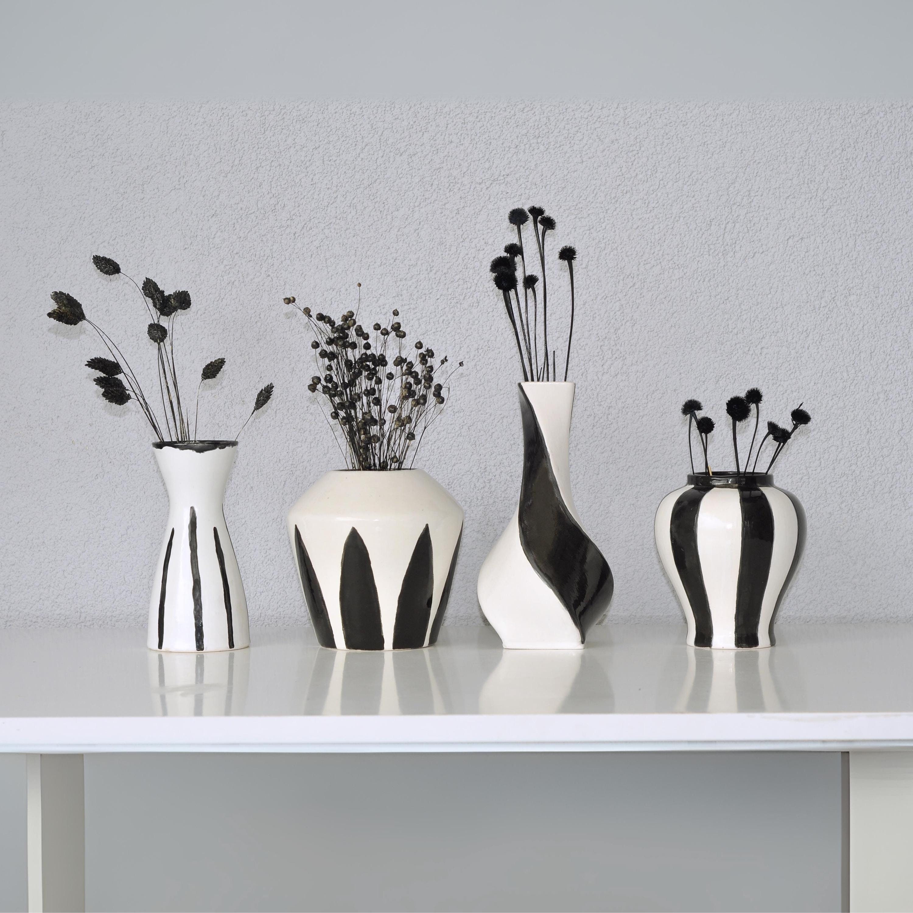 Black and White Striped Ceramic Vase, Handmade Ceramic Vases