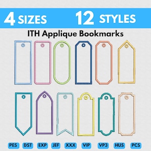 Puede incluir: Imagen que muestra 12 diseños de marcapáginas de apliques en varias formas y colores, incluyendo rectangulares, ovalados y etiquetas. El texto indica "4 TAMAÑOS" y "12 ESTILOS". Se muestran abreviaturas de tipos de archivo.
