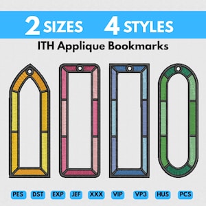 Puede incluir: Cuatro marcapáginas de aplique ITH en diferentes formas y colores, incluyendo amarillo, rosa, azul y verde. El texto dice 2 SIZES 4 STYLES ITH Applique Bookmarks, con los formatos PES, DST, EXP, JEF, XXX, VIP, VP3, HUS y PCS listados abajo.