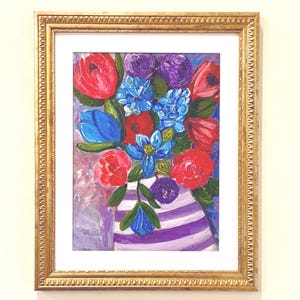 Obraz olejny z motywem kwiatowym – Hortensja, Tulipan, Bukiet róż, Złota rama