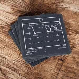 May include: A stack of four square, dark grey slate coasters. Each coaster features a white diagram of a rugby field with player names and game details. The text includes "24 Sep 1995, Grand Final, Canterbury 17, Manly 4."