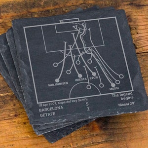 Greatest Barcelona Messi Plays: Slate Coasters (Set of 4) | Iconic Soccer Moments Engraved | Perfect Gift for Football Fans | Unique Decor