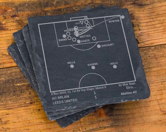 Greatest Leeds Plays: Slate Coasters (Set of 4) | Iconic Soccer Moments Engraved | Perfect Gift for Football Fans | Unique Home Decor