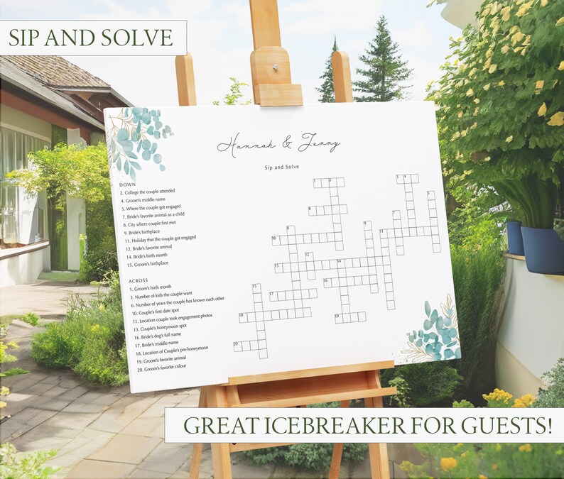 Sip and Solve Wedding Sign, Custom Extra Large Wedding Crossword Puzzle