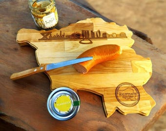 Saarlandbrett aus Holz, Frühstücksbrett mit der Skyline des Saarlandes, Geschenkidee aus dem Saarland, Geschenk zum Geburtstag, Saarlouis