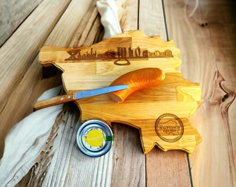Saarlandbrett mit Skyline aus Holz, Frühstücksbrett Saarland Junior Edition Skyline, Geschenkidee aus dem Saarland, Geschenk zum Geburtstag