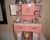 Charming Child 39 s Toy Vintage Mid Century Pink Wolverine Cupboard Hoosier Cabinet Tea Set