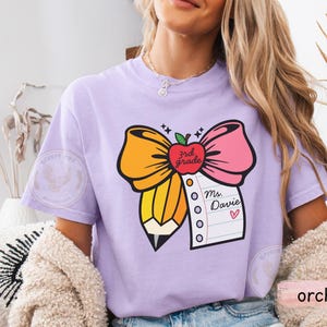 Personalized 3rd Grade Teacher Name Shirt, Custom Third Grade Teacher Gift, Comfort Colors Teacher Team Shirts, Back to School Bow Tshirts.