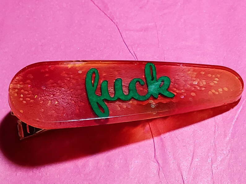 SALE 1 F word glitter resin hair clip adult humor barrettes holographic f bomb cuss curse fuck bad word handmade aligator 3 metal clips
