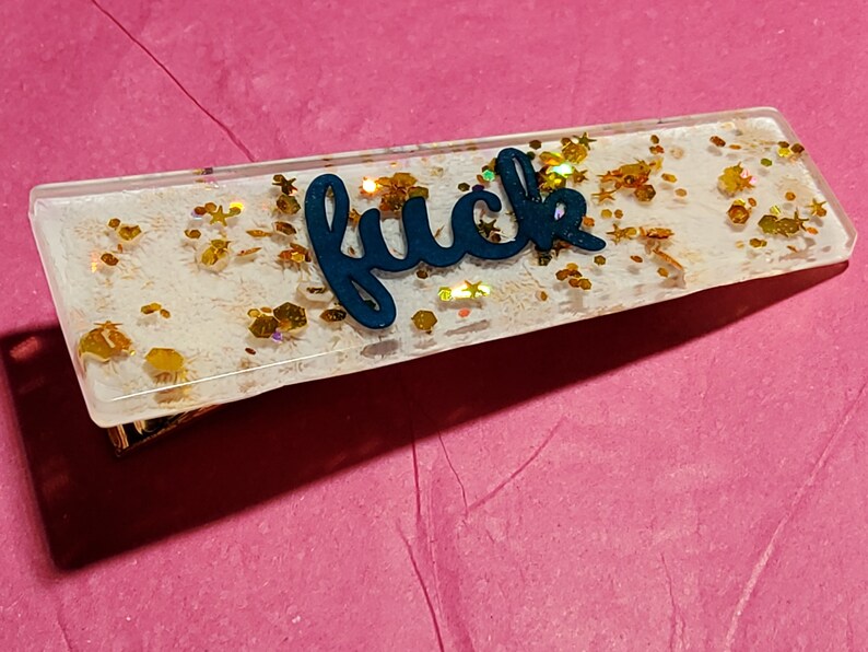 SALE 1 F word glitter resin hair clip adult humor barrettes holographic f bomb cuss curse fuck bad word handmade aligator 3 metal clips