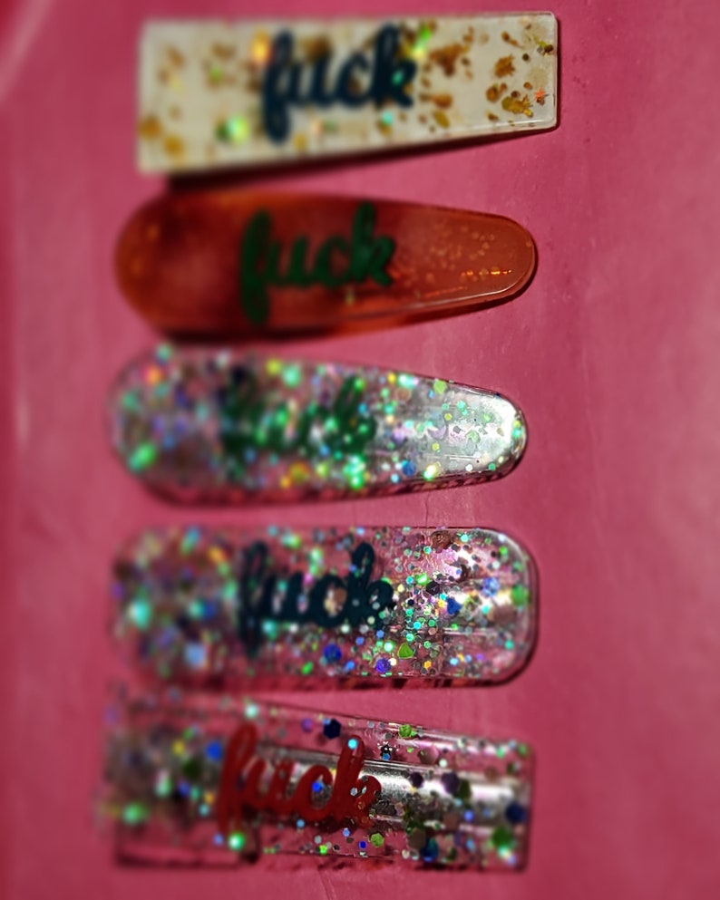 SALE 1 F word glitter resin hair clip adult humor barrettes holographic f bomb cuss curse fuck bad word handmade aligator 3 metal clips