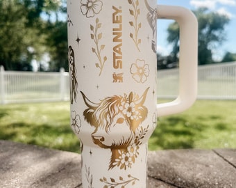 40 oz. Highland Cow ProTour Stanley, Laser Engraved Tumbler with leak proof lid