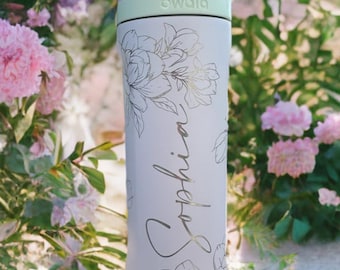 Personalisierte Owala 24 Unzen Wasserflasche - Laser gravierter Edelstahl | Magnolie Blumenmuster | Benutzerdefinierte Name Flasche