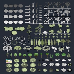 May include: A collection of architectural plan view illustrations of trees, shrubs, and other plants. The image features various tree types in green and white, with some including people. The background is a dark blue-gray.