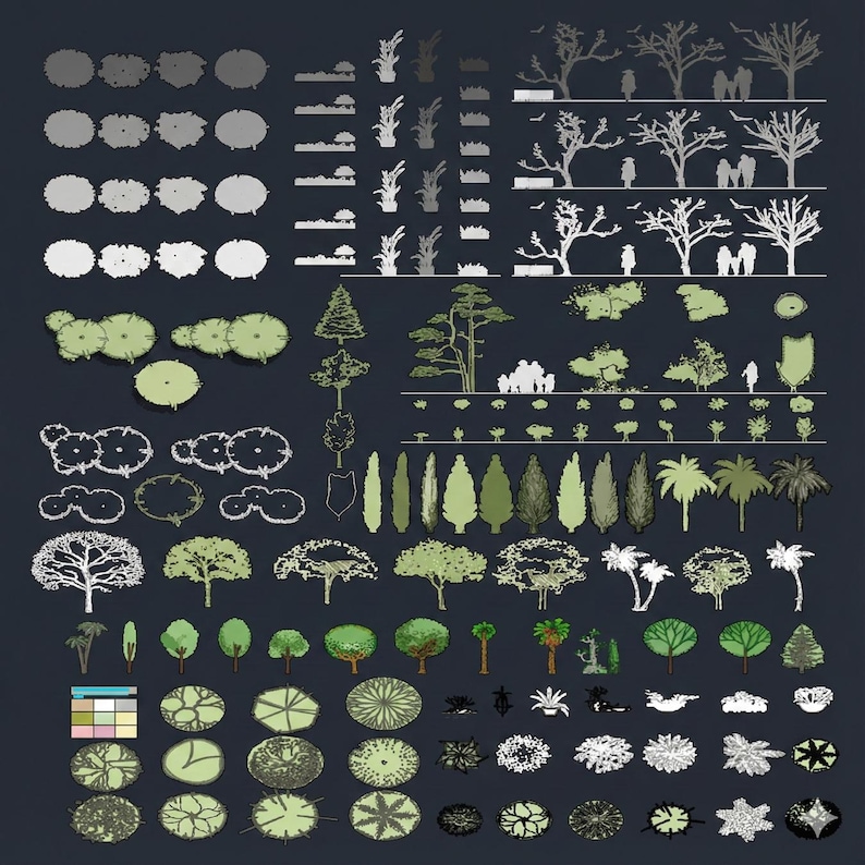 May include: A collection of architectural plan view illustrations of trees, shrubs, and other plants. The image features various tree types in green and white, with some including people. The background is a dark blue-gray.