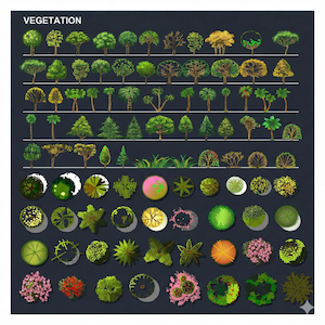 May include: An illustration of various tree and plant types, including top-down and side views. The image features a dark background with the word "VEGETATION" at the top. The trees and plants are depicted in various shades of green, brown, and yellow.