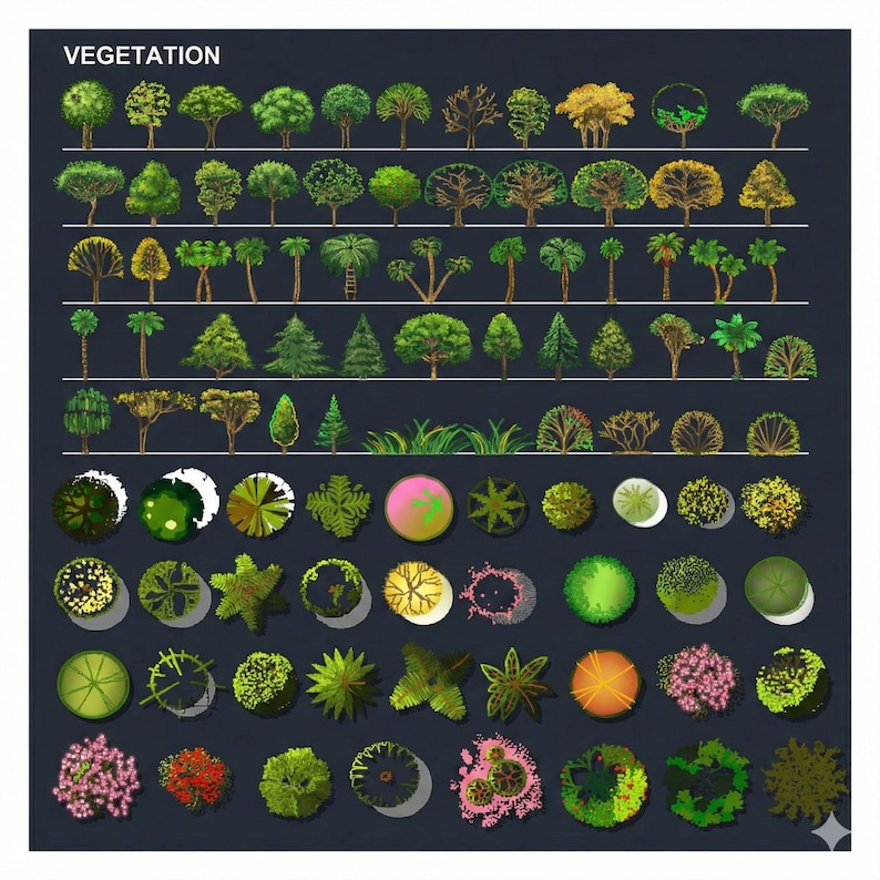 May include: An illustration of various tree and plant types, including top-down and side views. The image features a dark background with the word "VEGETATION" at the top. The trees and plants are depicted in various shades of green, brown, and yellow.