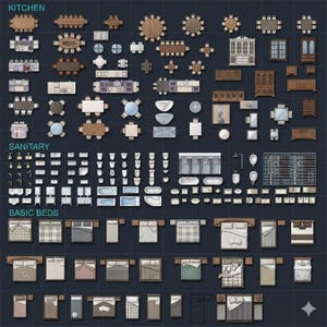 May include: Top-down view of various furniture and fixtures, including kitchen tables, cabinets, beds, and bathroom fixtures. The image is labeled with the categories "KITCHEN", "SANITARY", and "BASIC BEDS". The furniture is rendered in a detailed, illustrative style.