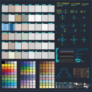 May include: Architectural drawing with various material samples, color palettes, and design elements. Includes a floor plan, title blocks, and detail views. The color palettes feature a wide range of colors, and the material samples showcase different textures and patterns.